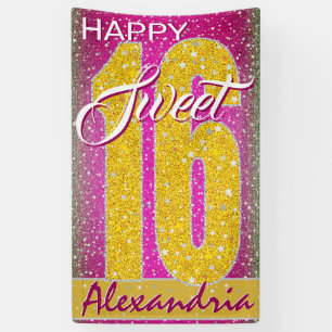 Stars Pink Glitter Glitz Sweet 16 Birthday Party Banner