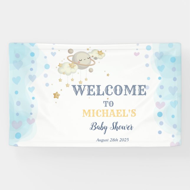 Stars Planet Clouds Blue Baby Shower Banner (Horizontal)