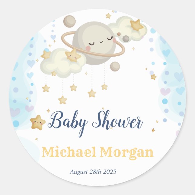 Stars Planet Clouds Blue Baby Shower Classic Round Sticker (Front)