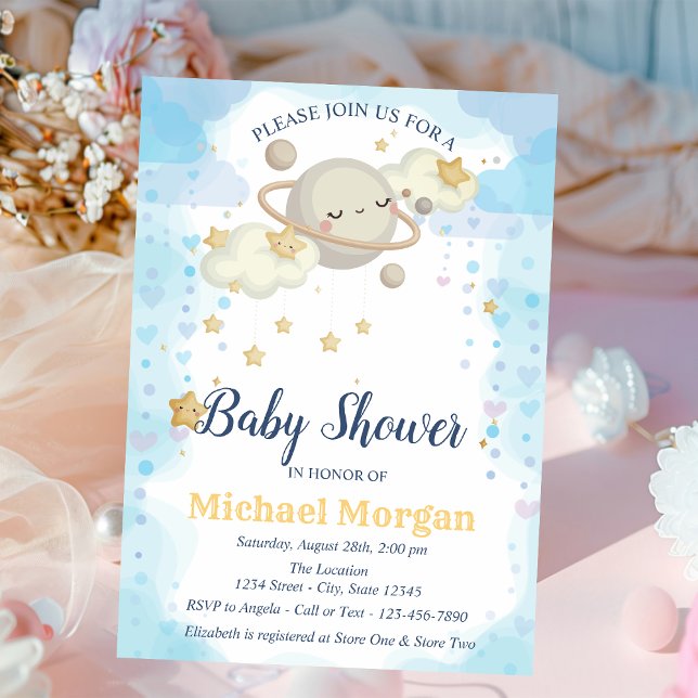 Stars Planet Clouds Blue Baby Shower Invitation (Creator Uploaded)