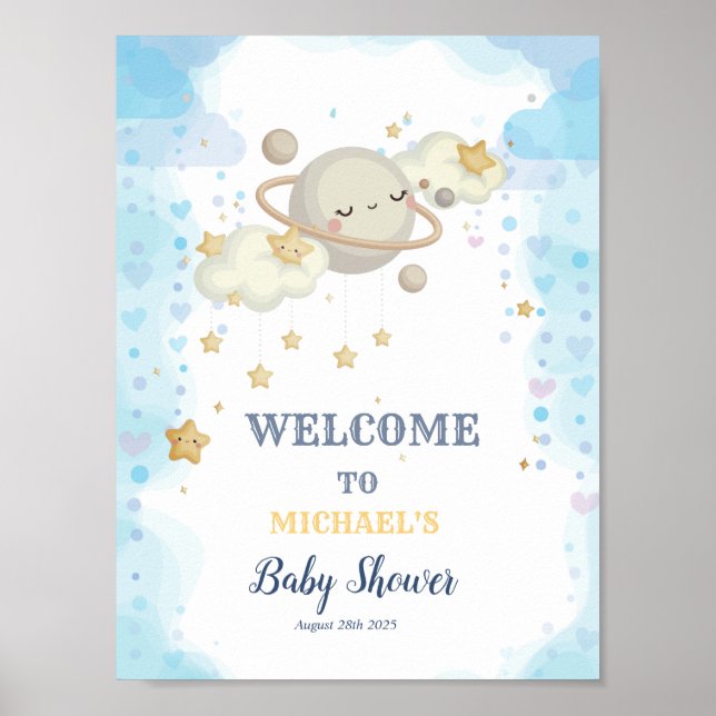 Stars Planet Clouds Blue Baby Shower Poster (Front)