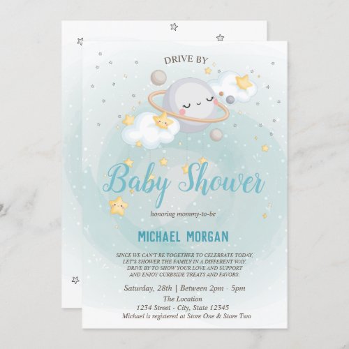 StarsPlanetClouds Drive By Baby Shower  Invitation