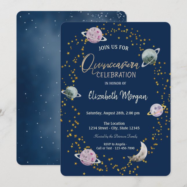 Stars Planets Galaxy Blue Quinceañera   Invitation (Front/Back)