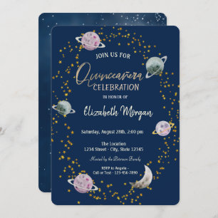 Stars Planets Galaxy Blue Quinceañera Invitation