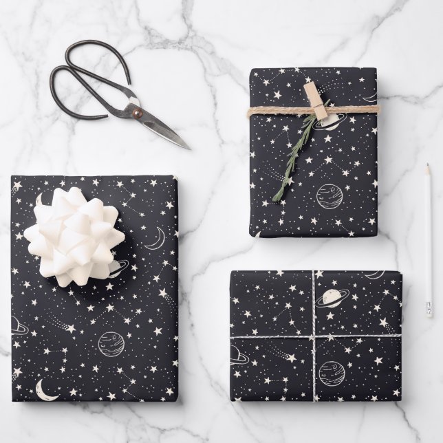 Stars & Planets Pattern Wrapping Paper Sheets (Front)