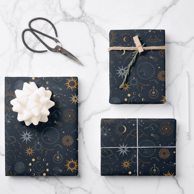 Stars & Planets Pattern Wrapping Paper Sheets (Front)