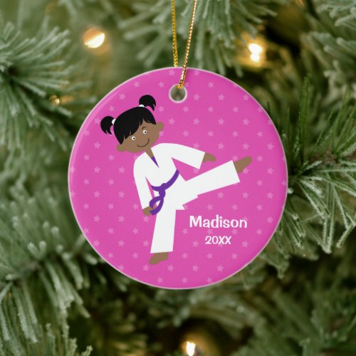 Stars Purple Belt Taekwondo Girl Personalized Ceramic Ornament