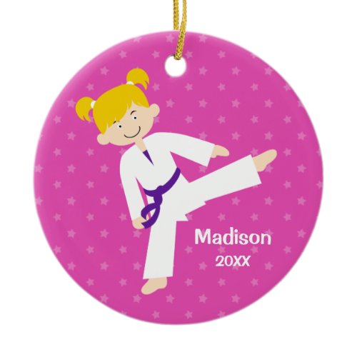 Stars Purple Taekwondo Blonde Girl Personalized Ceramic Ornament