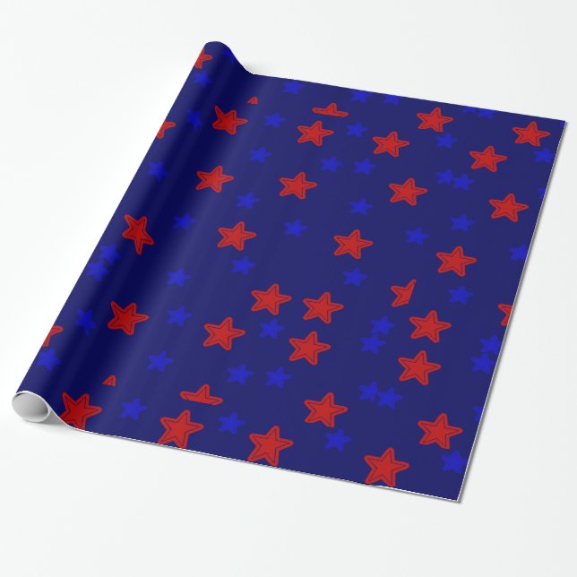 Stars Red and Blue Gift Wrapping Paper (Unrolled)