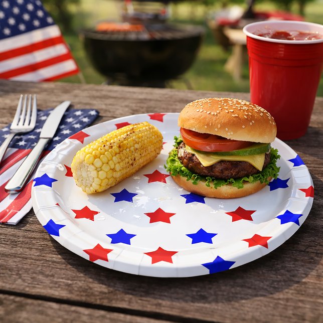 Stars Red and Blue Patriotic Pattern Paper Plates (A paper plate with a red and blue star pattern.)
