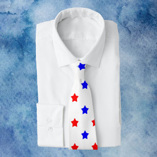 Stars Red Blue Pattern White Background Neck Tie