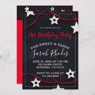 Stars & Red String Sweet Sassy 21st Birthday Party Invitation