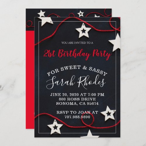 Stars  Red String Sweet Sassy 21st Birthday Party Invitation