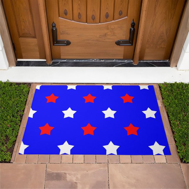 Stars Red White Pattern Blue Background Doormat (Outdoor)