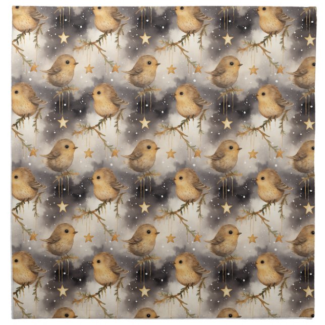 Stars & Robins Christmas Dinner Napkins Black Gold (Front)