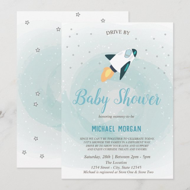 Stars,Rocket Drive By Baby Shower Invitation (Front/Back)