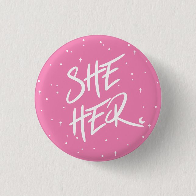 Stars She/Her Pronouns in Pink Button (Front)