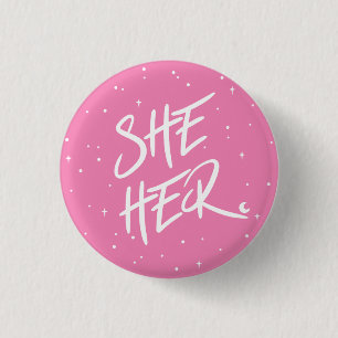 Stars She/Her Pronouns in Pink Button