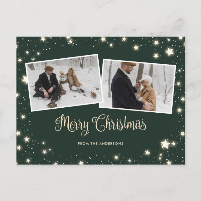 Stars Snow Green Photo Merry Christmas Holiday Postcard (Front)