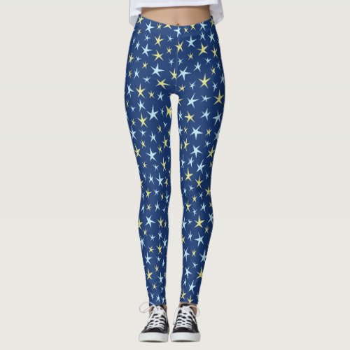 Stars Space Pattern Retro 1960s Geometric Blue Leggings