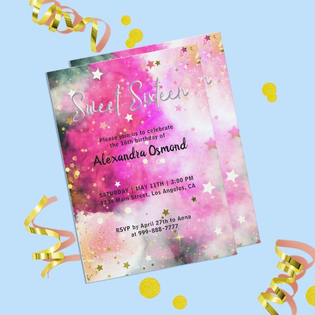 Stars Sparkles And Pink White Clouds Sweet Sixteen Invitation (Creator Uploaded)