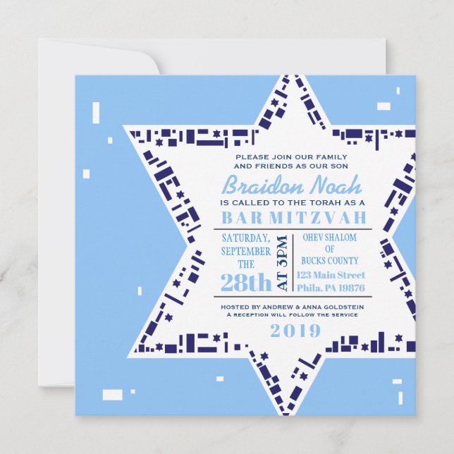 Stars & Squares Bar Bat Mitzvah Invitation Blue (Front)