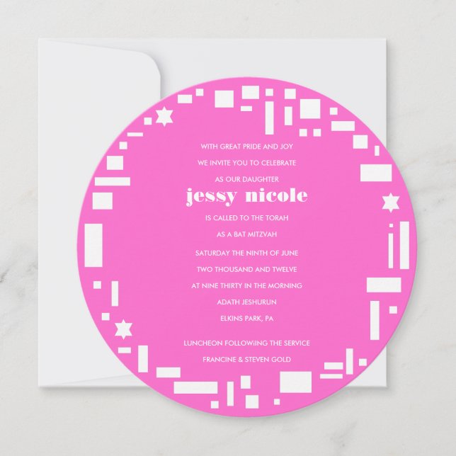 Stars & Squares Bar Bat Mitzvah Invitation Pink (Front)