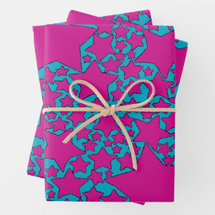 Stars, Stars, Stars in Turquoise and Hot Pink Wrapping Paper Sheets