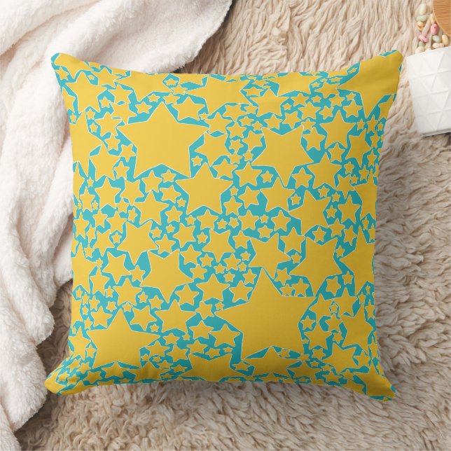 Stars, Stars, Stars in Turquoise and Yellow Throw Pillow (Blanket)