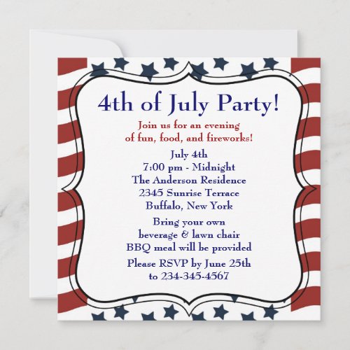 Stars Stripes 4th of July BBQ Party Invitation