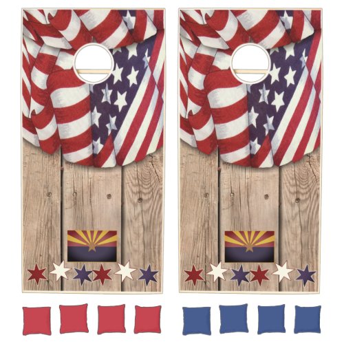 Stars Stripes and Arizona Flag on Wooden Fence Cornhole Set