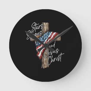 Stars Stripes and Jesus Christ Faith Patriot Round Clock