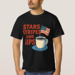 Stars, Stripes, and Sips | Retro Americana Coffee  T-Shirt<br><div class="desc">Stars, Stripes, and Sips | Retro Americana Coffee Design : Bring together your love for coffee and country with this vintage-inspired “Stars, Stripes, and Sips” design. Styled in a retro diner aesthetic, it features a steaming coffee cup alongside the American flag for the perfect mix of nostalgia, patriotism, and caffeine...</div>