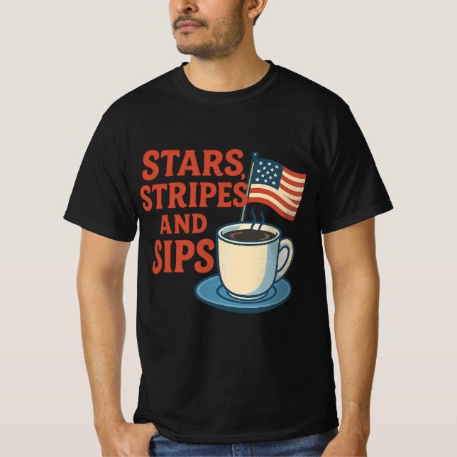 Stars, Stripes, and Sips | Retro Americana Coffee  T-Shirt (Front)