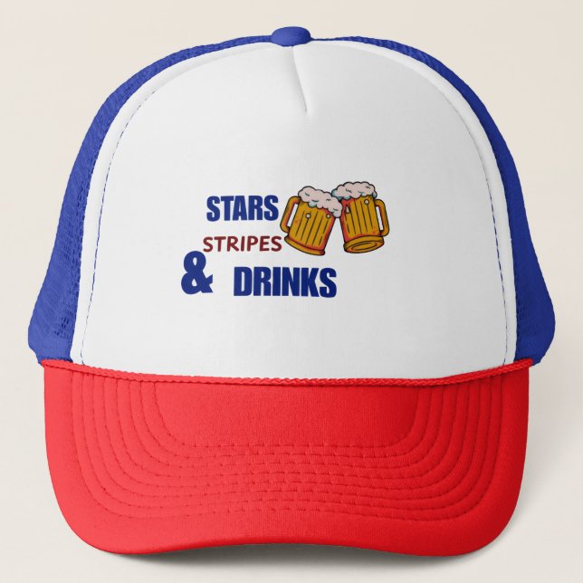 Stars Stripes & Drinks Funny Patriotic 4th of July Trucker Hat (Front)