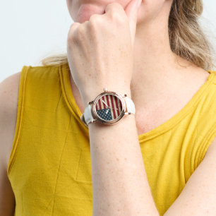 "Stars & Stripes Elegance: Women's Patriotic Flag Watch