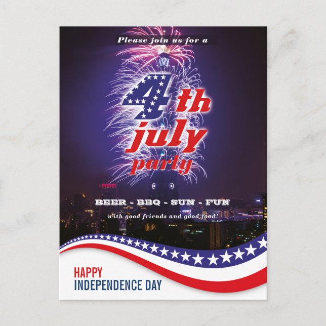 Stars, Stripes,Fireworks 4th Of July Invitatation Postcard (Front)