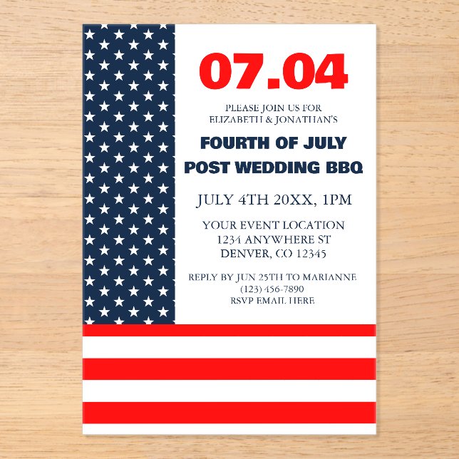 Stars & Stripes Flag 4th Of July Post Wedding BBQ Acrylic Invitations (Front)