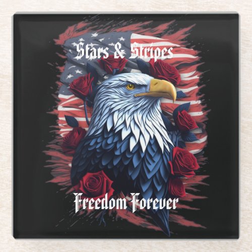 Stars Stripes Freedom Forever Eagle American Flag Glass Coaster