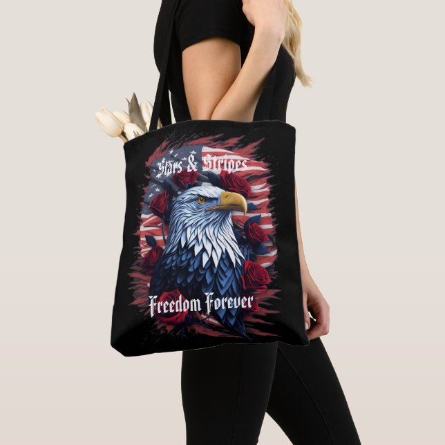 Stars Stripes Freedom Forever Eagle American Flag Tote Bag (Close Up)