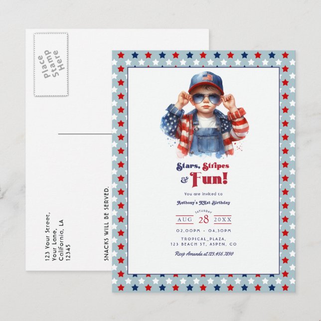 Stars, Stripes & Fun | All American Boy Birthday Postcard (Front/Back)