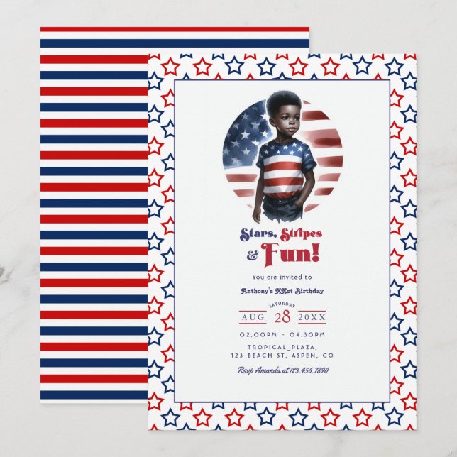 Stars, Stripes & Fun Patriotic Boy Birthday Party Invitation (Front/Back)