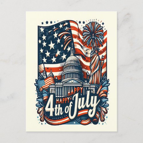 Stars Stripes Liberty Happy 4th of July Holiday Postcard