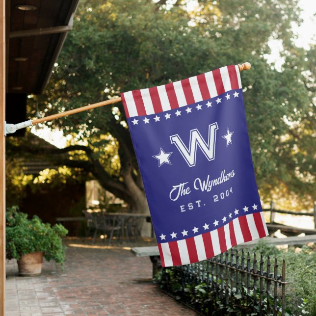 Stars & Stripes Monogram Family Name Year Est House Flag (In SItu)