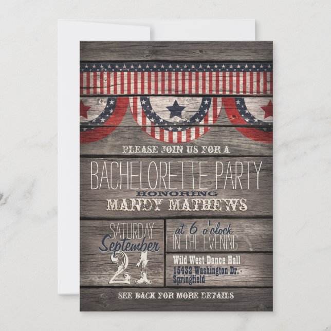 Stars & Stripes on Rustic Wood Bachelorette Party Invitation (Front)