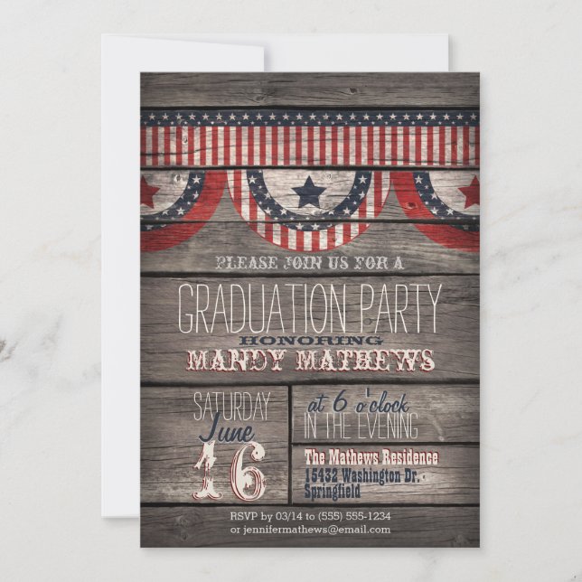 Stars & Stripes on Rustic Wood Graduation Party Invitation (Front)