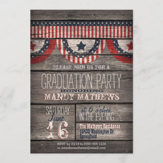 Stars & Stripes on Rustic Wood Graduation Party Invitation