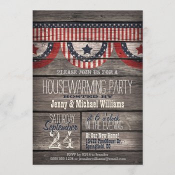 Stars & Stripes On Rustic Wood Housewarming Party Invitation by Card_Stop at Zazzle