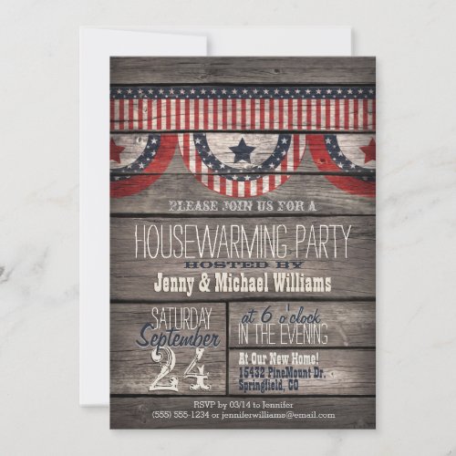 Stars  Stripes on Rustic Wood Housewarming Party Invitation