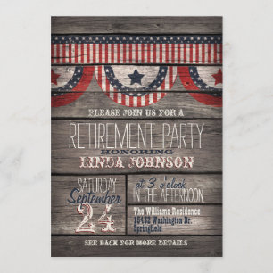 Stars & Stripes on Rustic Wood Retirement Party Invitation